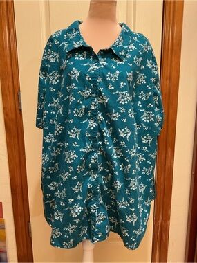 Woman Within Teal Floral Button-Front Short Sleeved Blouse 5X 38/40